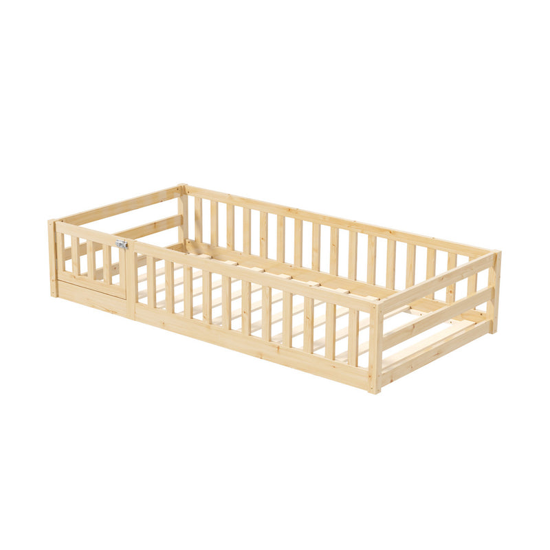Oikiture Kids Bed Frame Single Beds Timber Wood Gate Guard Natural