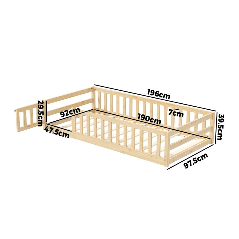 Oikiture Kids Bed Frame Single Beds Timber Wood Gate Guard Natural