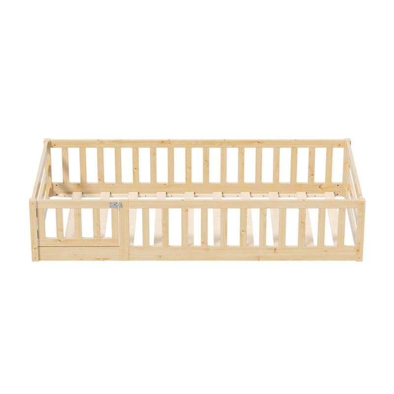 Oikiture Kids Bed Frame Single Beds Timber Wood Gate Guard Natural