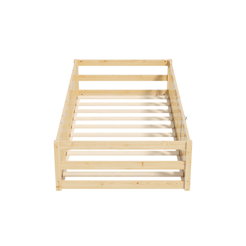 Oikiture Kids Bed Frame Single Beds Timber Wood Gate Guard Natural