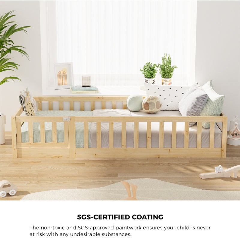 Oikiture Kids Bed Frame Single Beds Timber Wood Gate Guard Natural