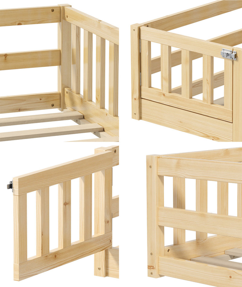 Oikiture Kids Bed Frame Single Beds Timber Wood Gate Guard Natural