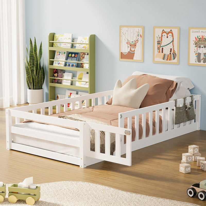 Oikiture Kids Bed Frame Single Beds Timber Wood Gate Guard White