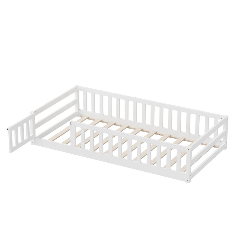 Oikiture Kids Bed Frame Single Beds Timber Wood Gate Guard White