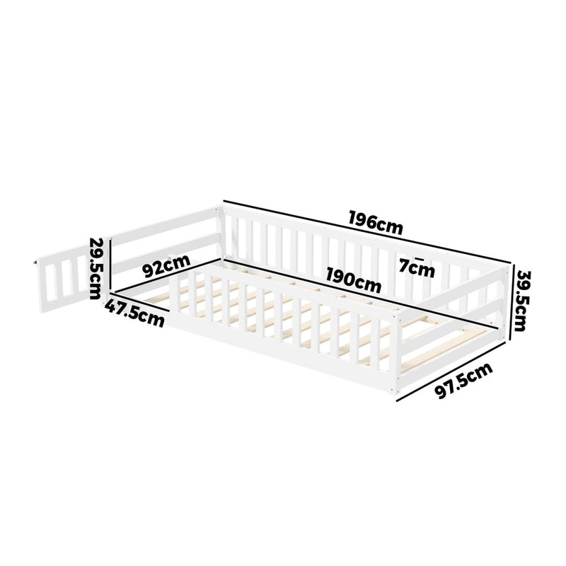 Oikiture Kids Bed Frame Single Beds Timber Wood Gate Guard White