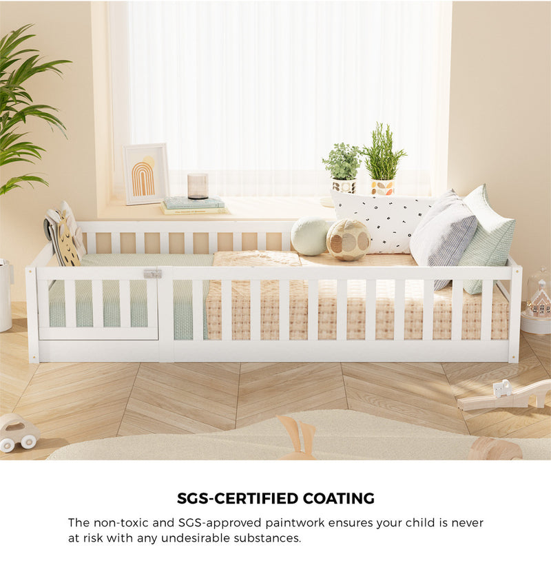 Oikiture Kids Bed Frame Single Beds Timber Wood Gate Guard White