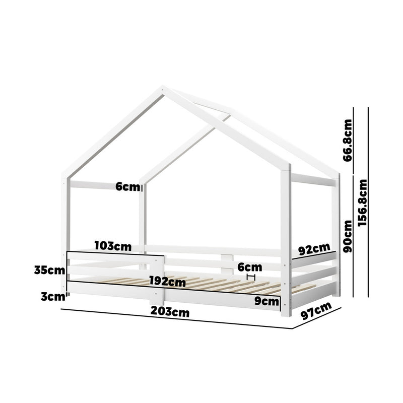 Oikiture Single Bed Frame Wooden Kids House Style White