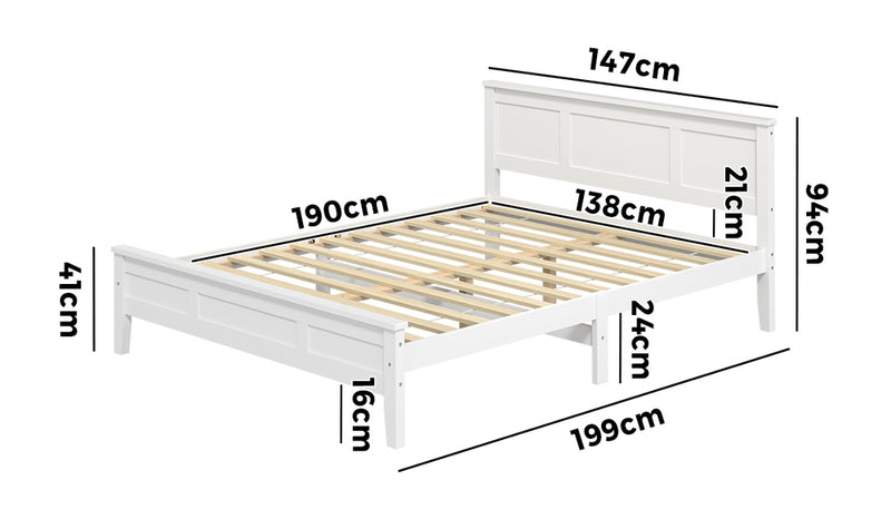 Oikiture Double Wood Bed Frame & Slatted Base Pine Headboard White