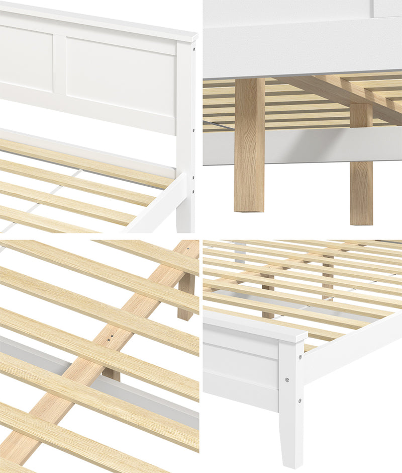 Oikiture Double Wood Bed Frame & Slatted Base Pine Headboard White