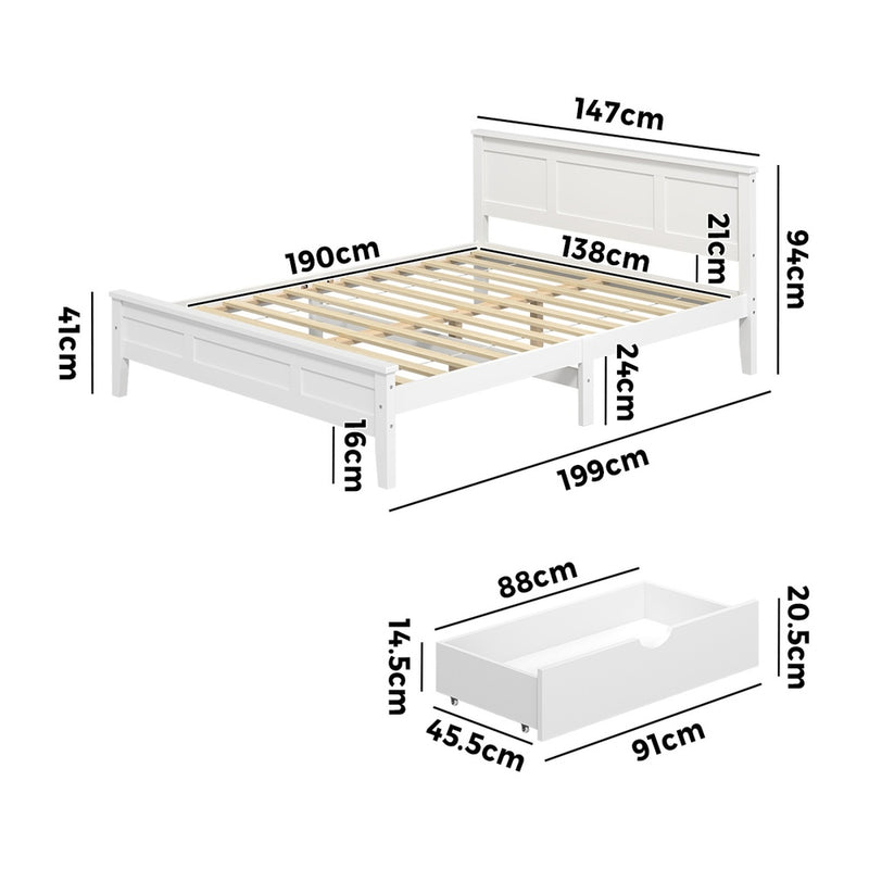 Oikiture Double Wooden Bed Frame with 2 Drawers White