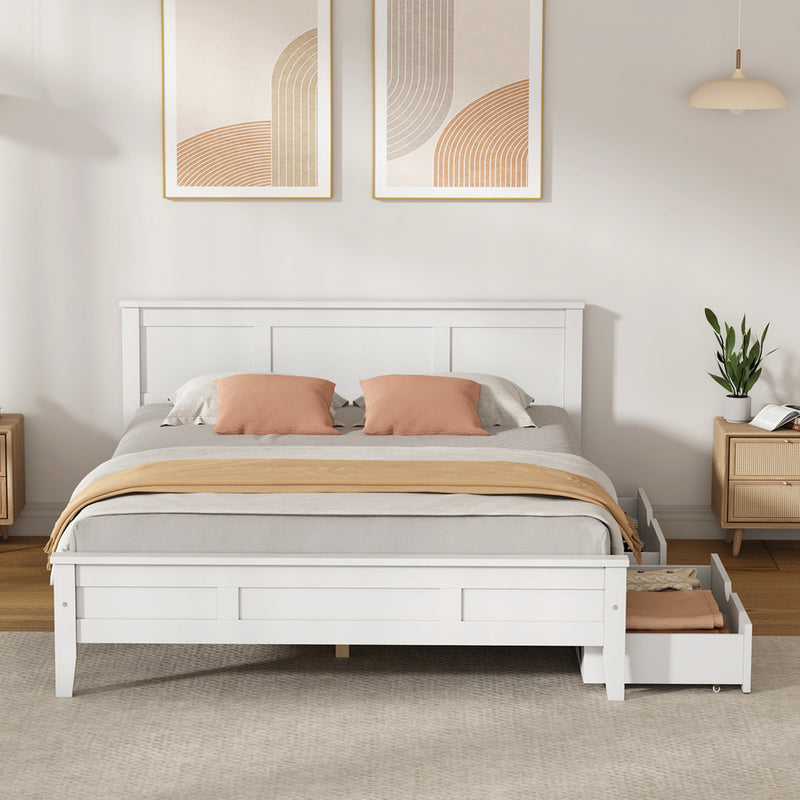 Oikiture Double Wooden Bed Frame with 2 Drawers White