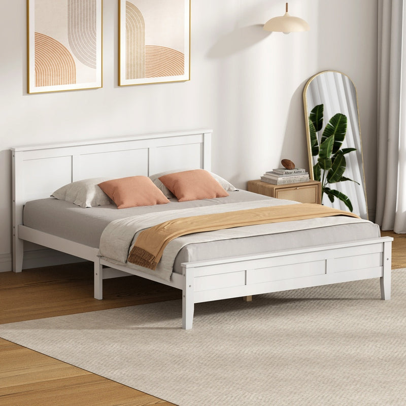 Oikiture King Wood Bed Frame & Slatted Base Pine Headboard White