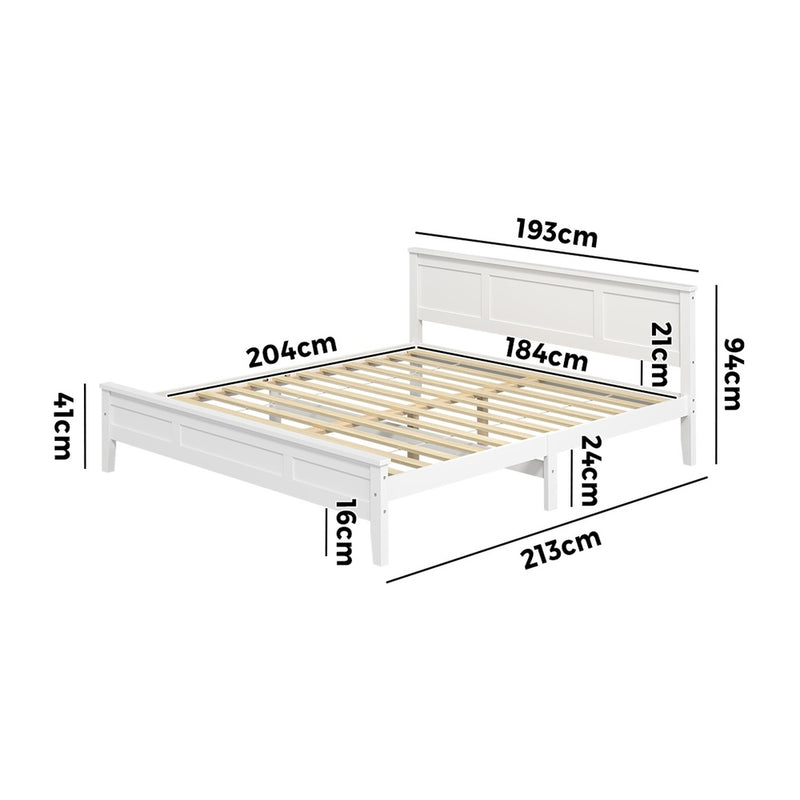 Oikiture King Wood Bed Frame & Slatted Base Pine Headboard White
