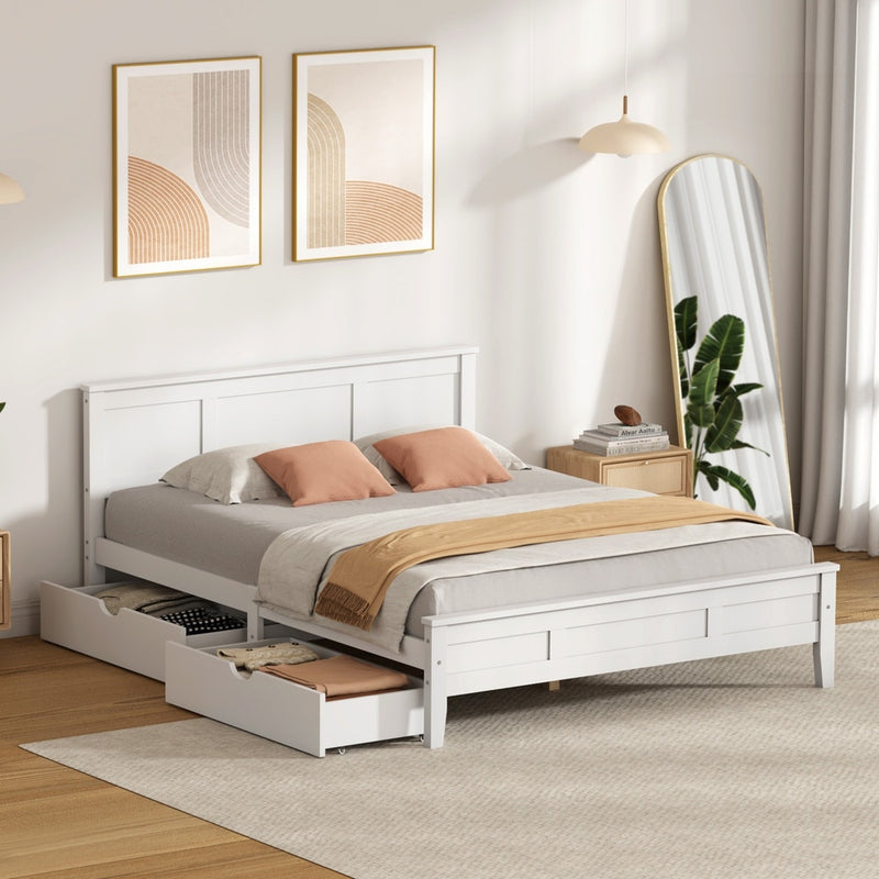 Oikiture King Wooden Bed Frame with Headboard 2 Drawers White