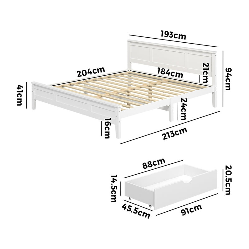 Oikiture King Wooden Bed Frame with Headboard 2 Drawers White