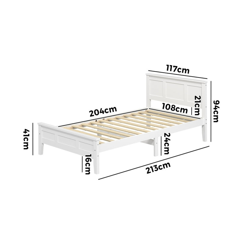 Oikiture King Single Bed Frame & Slatted Base Pine Headboard White