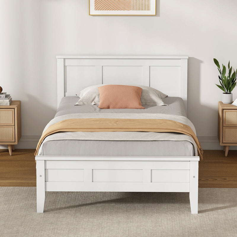 Oikiture King Single Bed Frame & Slatted Base Pine Headboard White