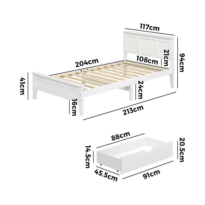 Oikiture King Single Wooden Bed Frame with 2 Drawers White