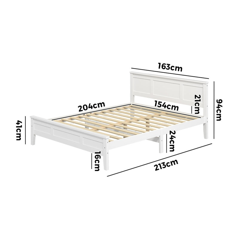 Oikiture Queen Wood Bed Frame & Slatted Base Pine Headboard White