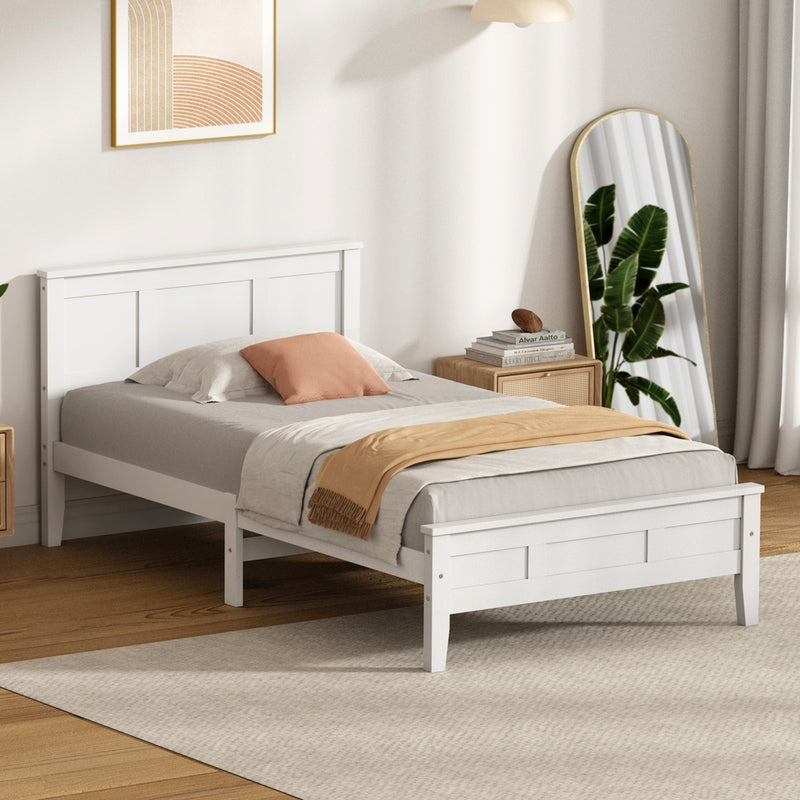 Oikiture Single Wood Bed Frame & Slatted Base Pine Headboard White