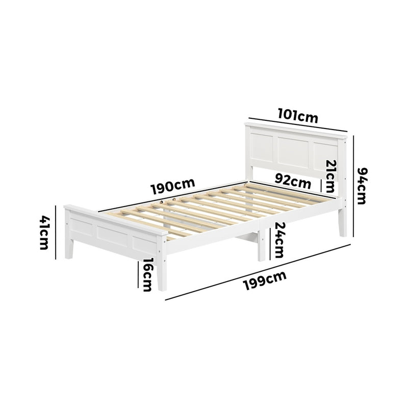 Oikiture Single Wood Bed Frame & Slatted Base Pine Headboard White