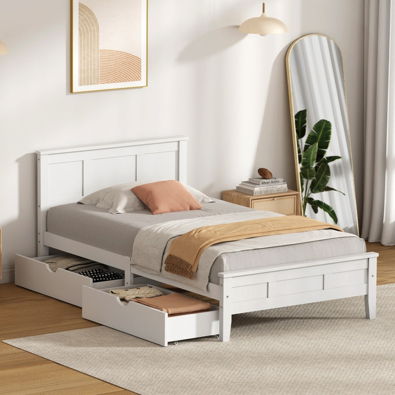 Oikiture Single Wooden Bed Frame with Headboard 2 Drawers White