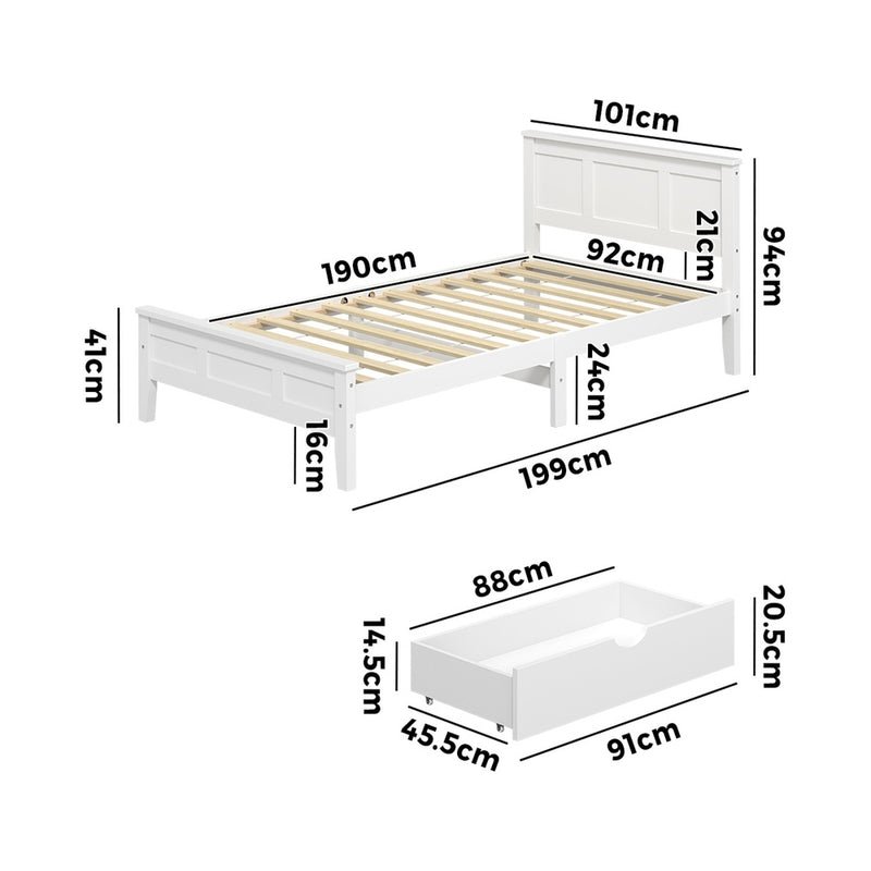 Oikiture Single Wooden Bed Frame with Headboard 2 Drawers White