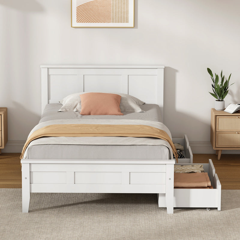 Oikiture Single Wooden Bed Frame with Headboard 2 Drawers White
