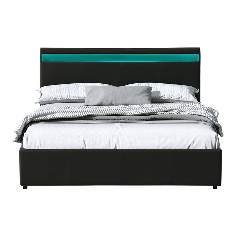 Artiss Bed Frame Queen Size LED Gas Lift Black COLE