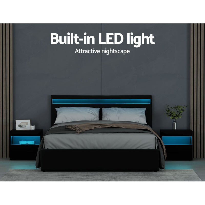 Artiss Bed Frame Queen Size LED Gas Lift Black COLE