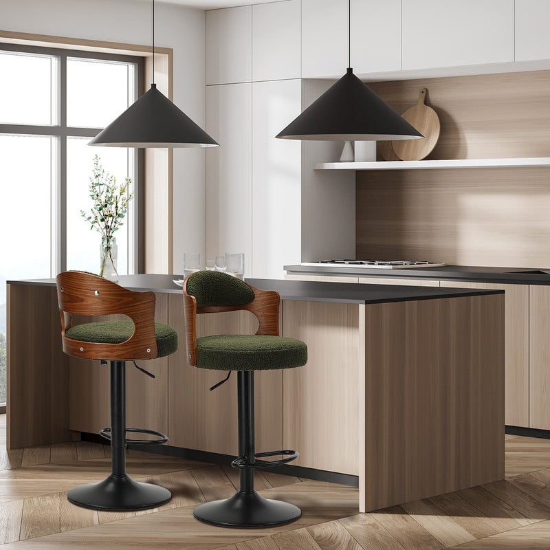 Oikiture 2x Bar Stools Kitchen Bar Chairs Gas Lift Stools Green Boucle