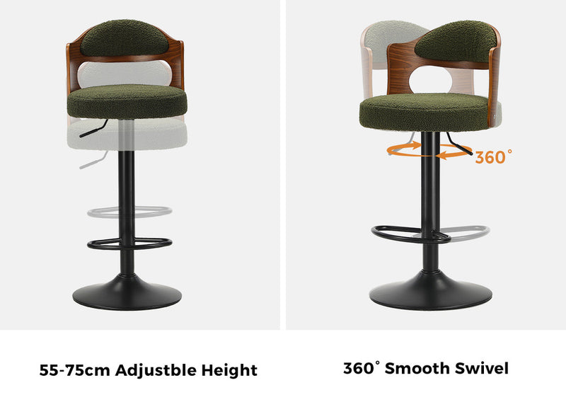 Oikiture 2x Bar Stools Kitchen Bar Chairs Gas Lift Stools Green Boucle