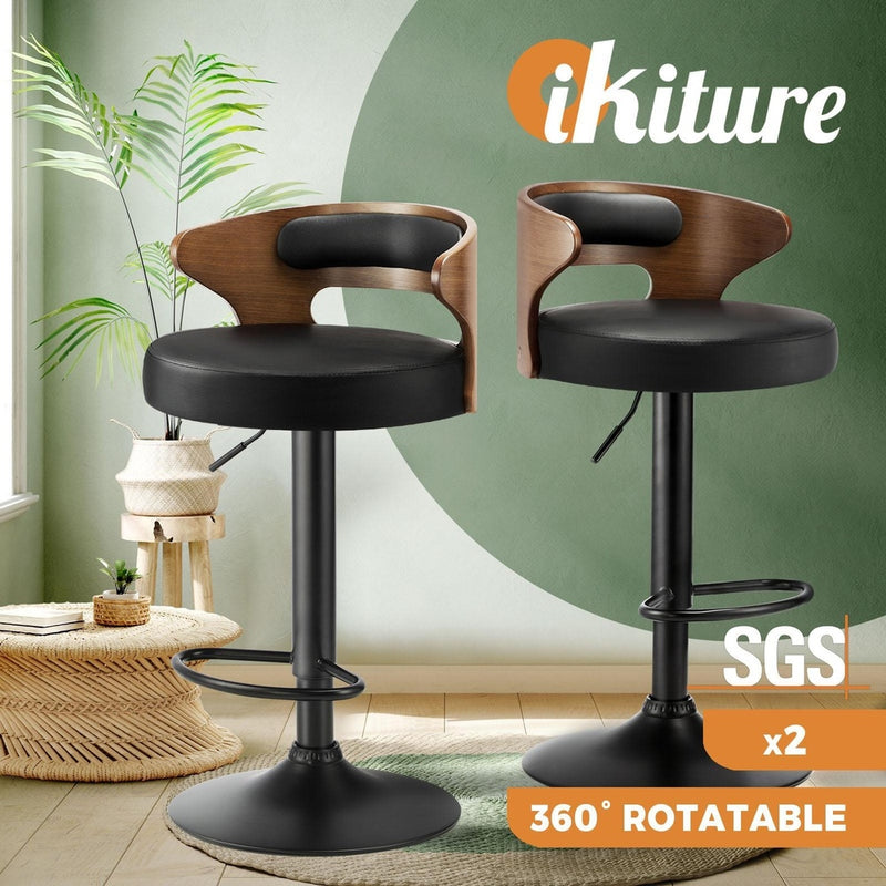 Oikiture 2x Bar Stools with Gas Lift Swivel Black