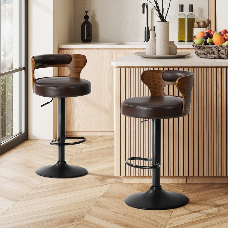 Oikiture 2x Bar Stools Kitchen Swivel Stool Wooden Leather Brown