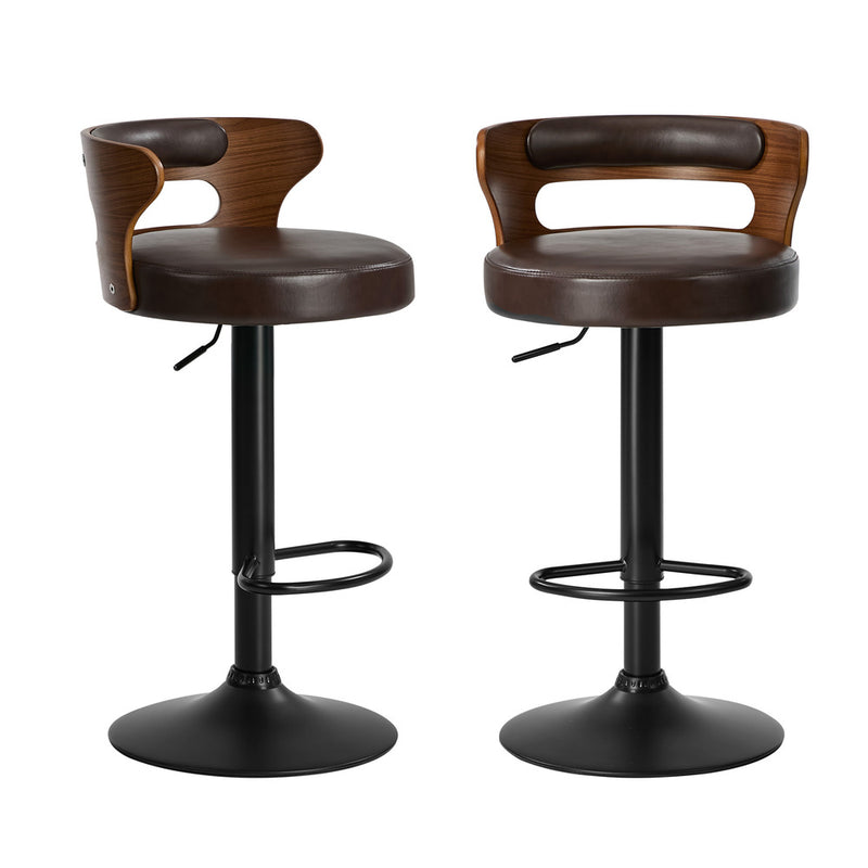 Oikiture 2x Bar Stools Kitchen Swivel Stool Wooden Leather Brown
