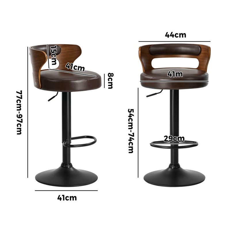 Oikiture 2x Bar Stools Kitchen Swivel Stool Wooden Leather Brown