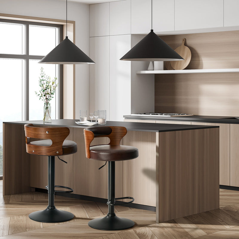 Oikiture 2x Bar Stools Kitchen Swivel Stool Wooden Leather Brown
