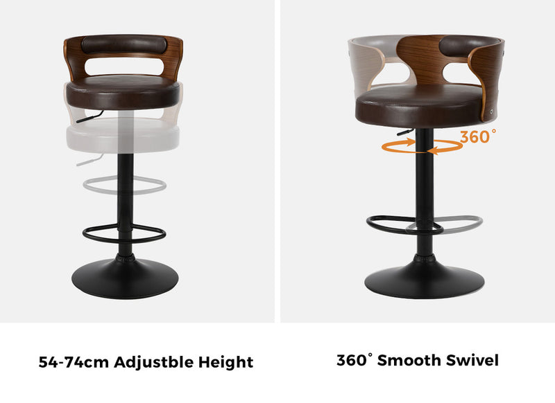 Oikiture 2x Bar Stools Kitchen Swivel Stool Wooden Leather Brown