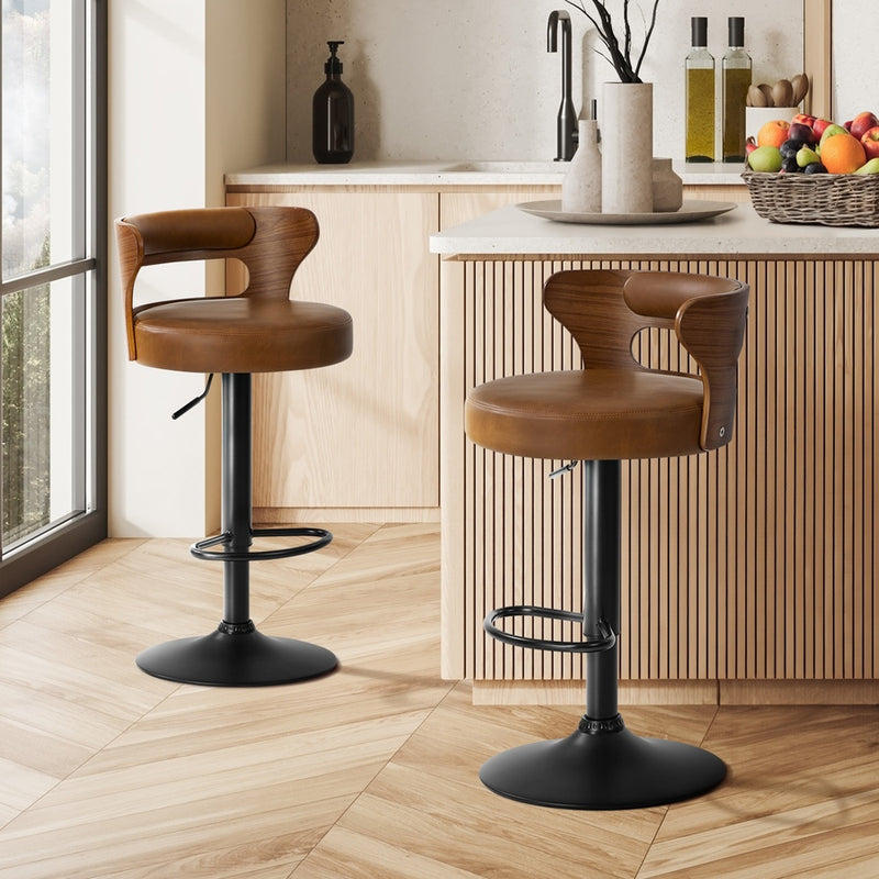 Oikiture 2x Bar Stools Kitchen Swivel Stool Wooden Leather Camel