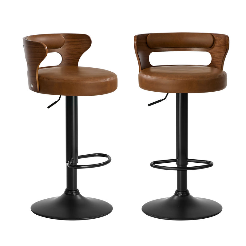 Oikiture 2x Bar Stools Kitchen Swivel Stool Wooden Leather Camel