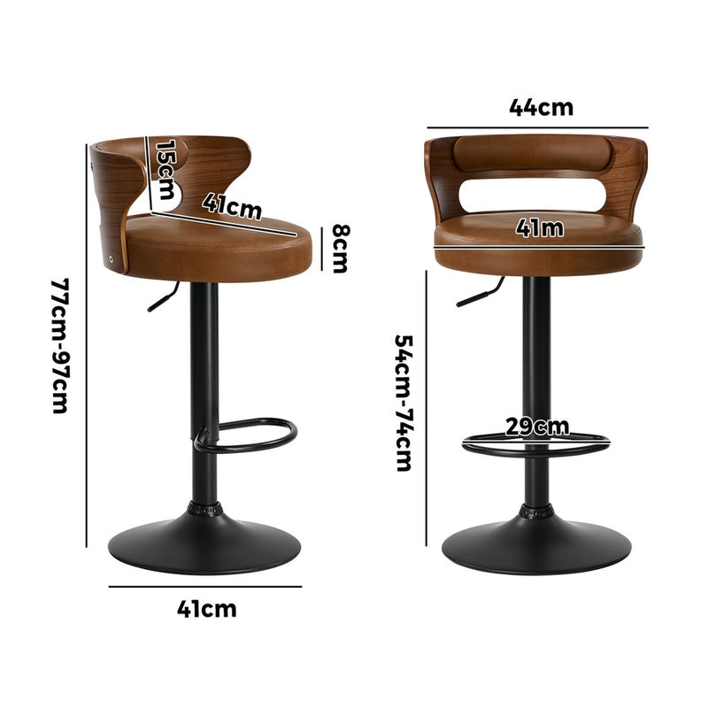 Oikiture 2x Bar Stools Kitchen Swivel Stool Wooden Leather Camel