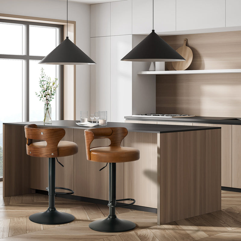 Oikiture 2x Bar Stools Kitchen Swivel Stool Wooden Leather Camel