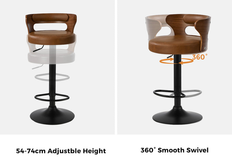 Oikiture 2x Bar Stools Kitchen Swivel Stool Wooden Leather Camel