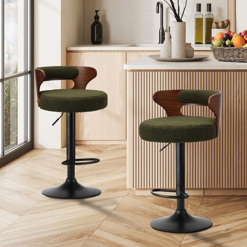 Oikiture 2x Bar Stools Gas Lift Swivel Chairs Wooden Boucle Green