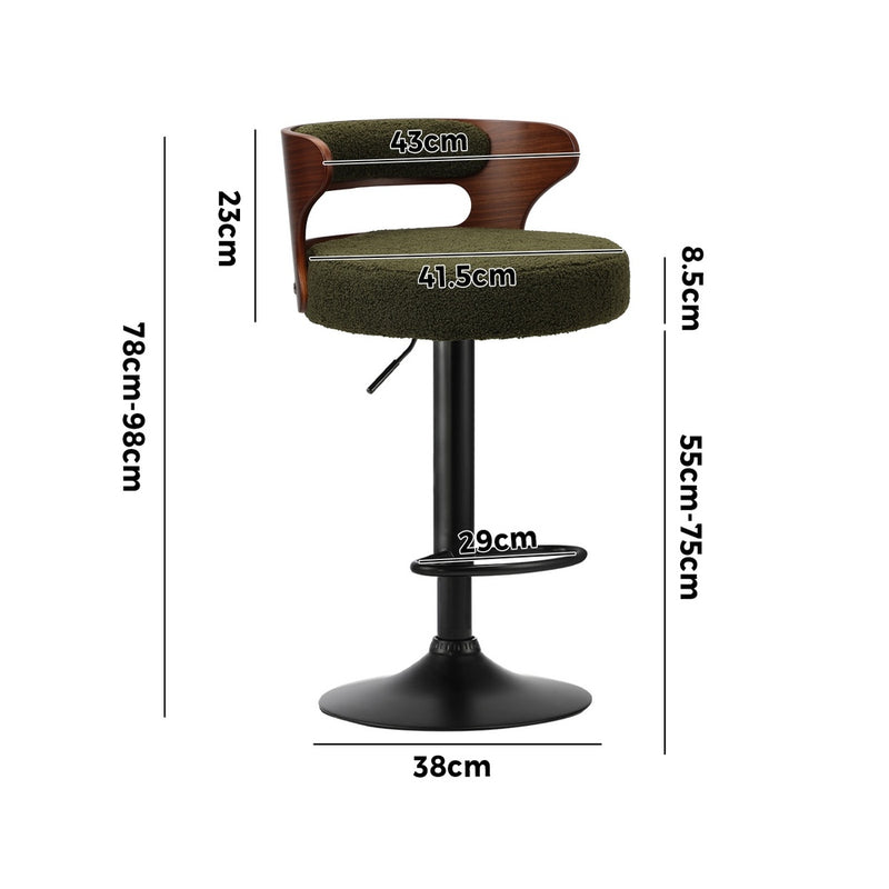 Oikiture 2x Bar Stools Gas Lift Swivel Chairs Wooden Boucle Green