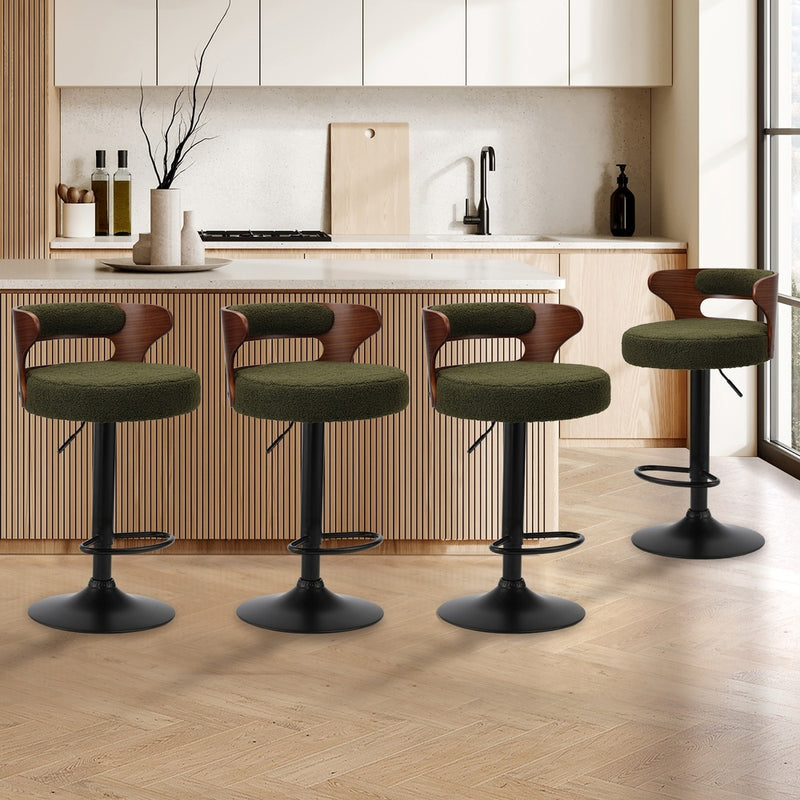 Oikiture 4x Bar Stools Gas Lift Swivel Chairs Wooden Boucle Green