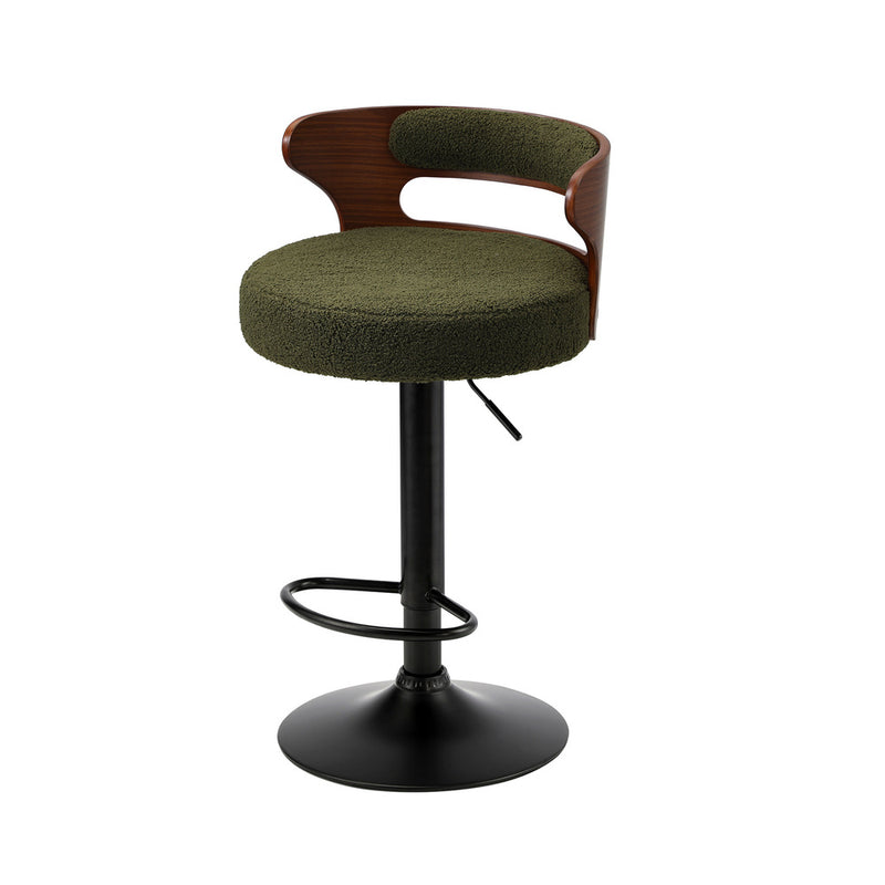 Oikiture 4x Bar Stools Gas Lift Swivel Chairs Wooden Boucle Green