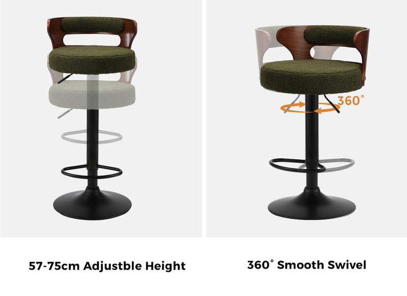 Oikiture 4x Bar Stools Gas Lift Swivel Chairs Wooden Boucle Green
