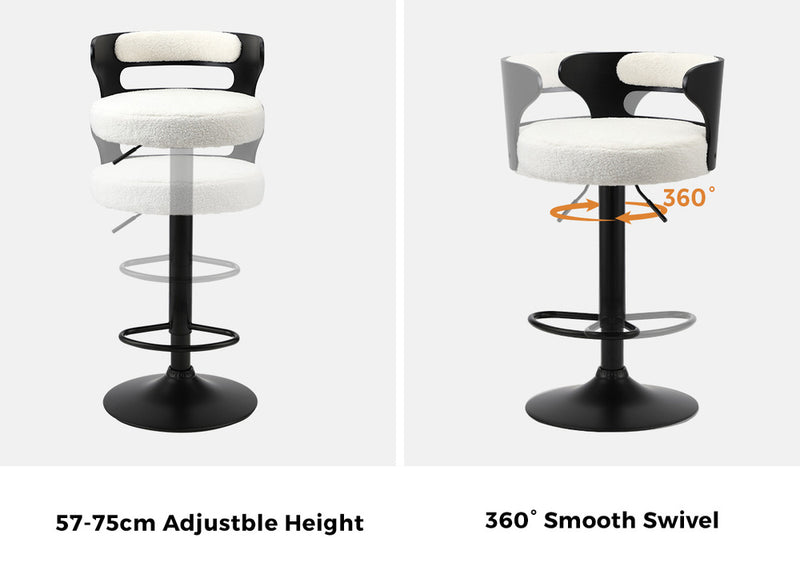 Oikiture 2x Bar Stools Gas Lift Swivel Chairs Wooden Boucle White