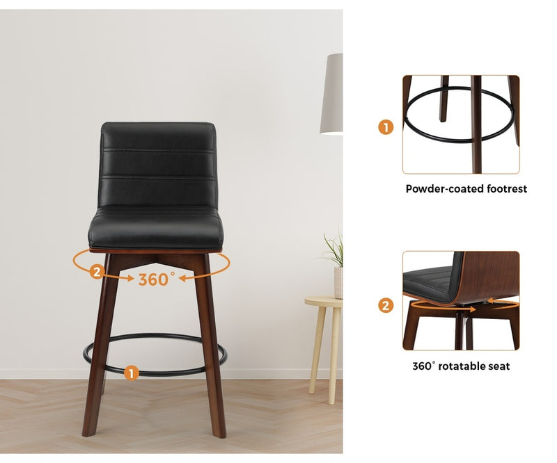 Oikiture 2x Wooden Bar Stools Swivel Chairs PU Leather